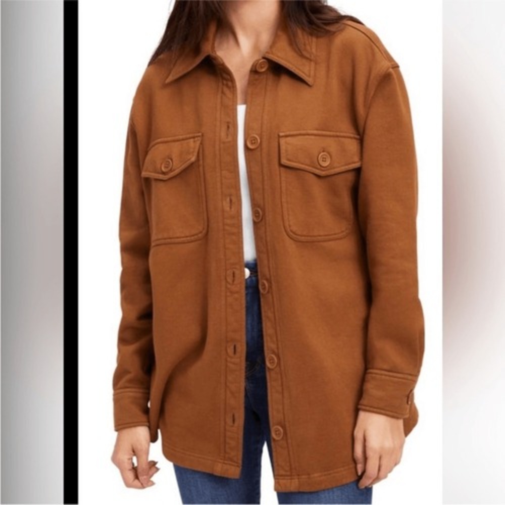 Good American Cotton Shacket Putty Brown Fleece Lined Button Front Jacket